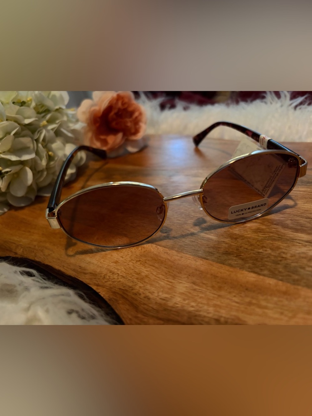 Lucky Brand Gold Frame Brown Lens Oval Sunglasses with Tortoiseshell Temples